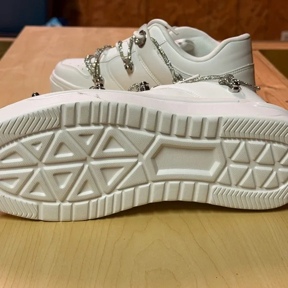 White Sneakers with Silver Accents with Rhinestone Lace - Picture 12 of 12